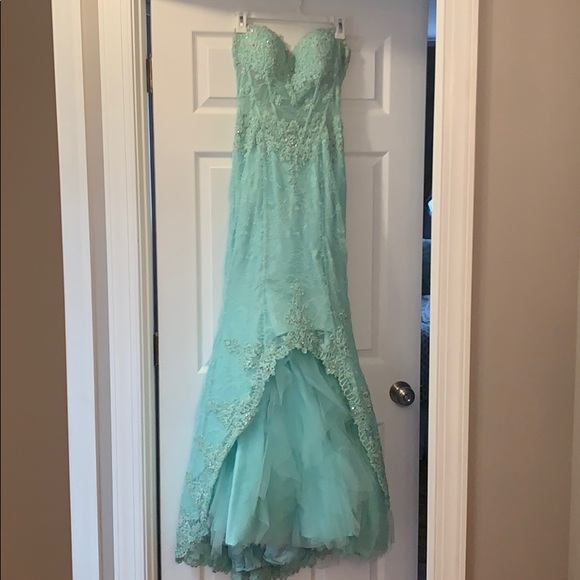 Mint Lace Strapless Prom Dress - Picture 2 of 5
